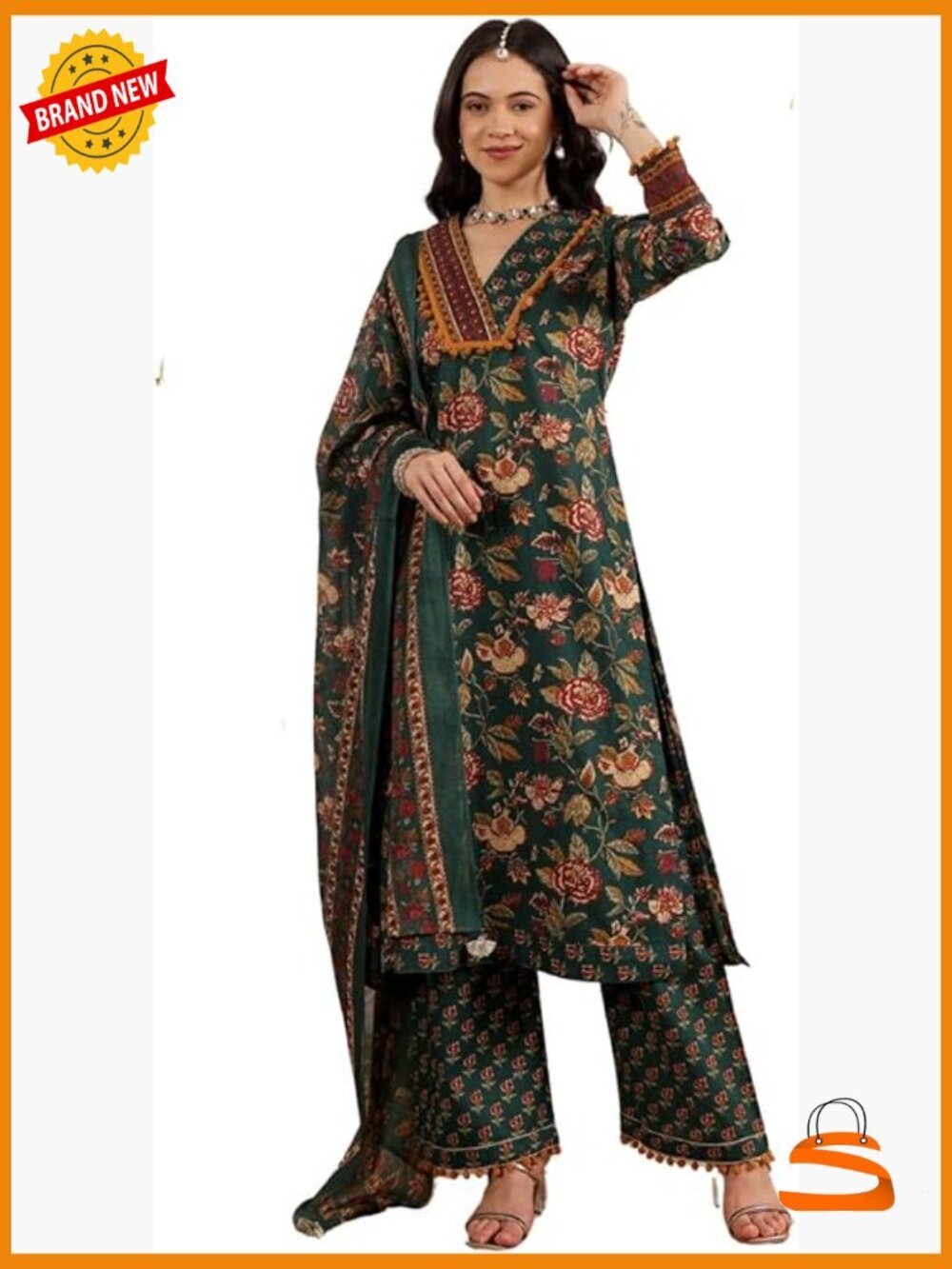 Traditional Indian Cotton Kurta Palazzo & Dupatta Set, Floral Print, 3/4